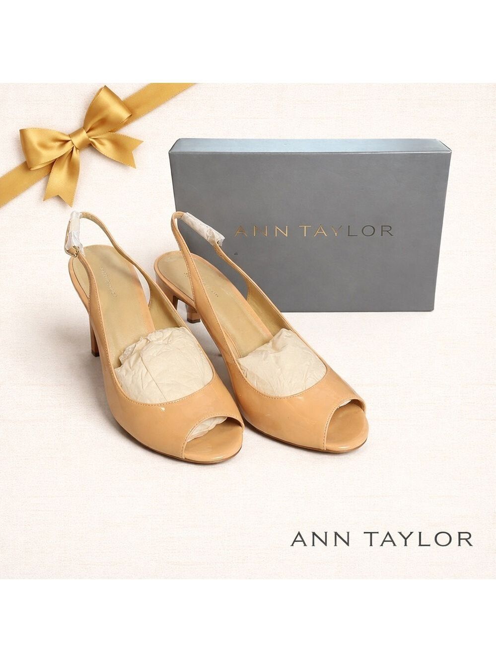 Ann Taylor Nude Patent Slingback Peep Toe Heels 10M